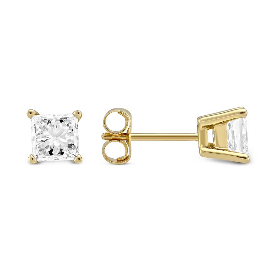 Princess Diamond Stud Earrings in Yellow Gold, 1.25 cttw