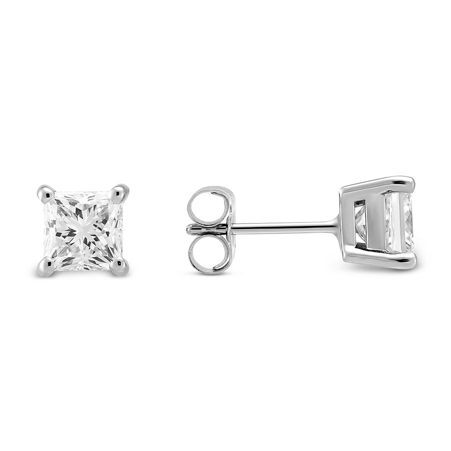 Princess Diamond Stud Earrings in White Gold, 1.50 cttw