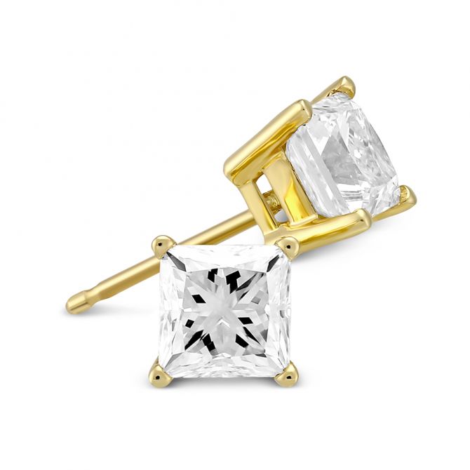 Princess Diamond Stud Earrings in Yellow Gold, 1.75 cttw