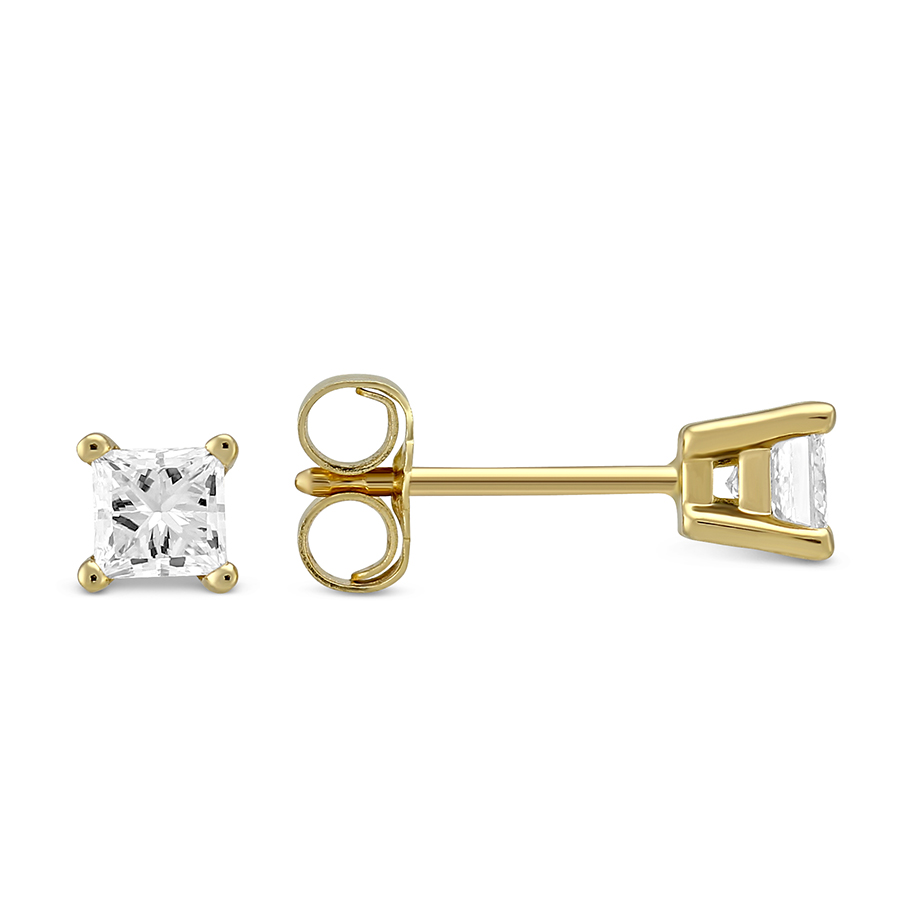 Princess Diamond Stud Earrings in Yellow Gold, 0.40 cttw