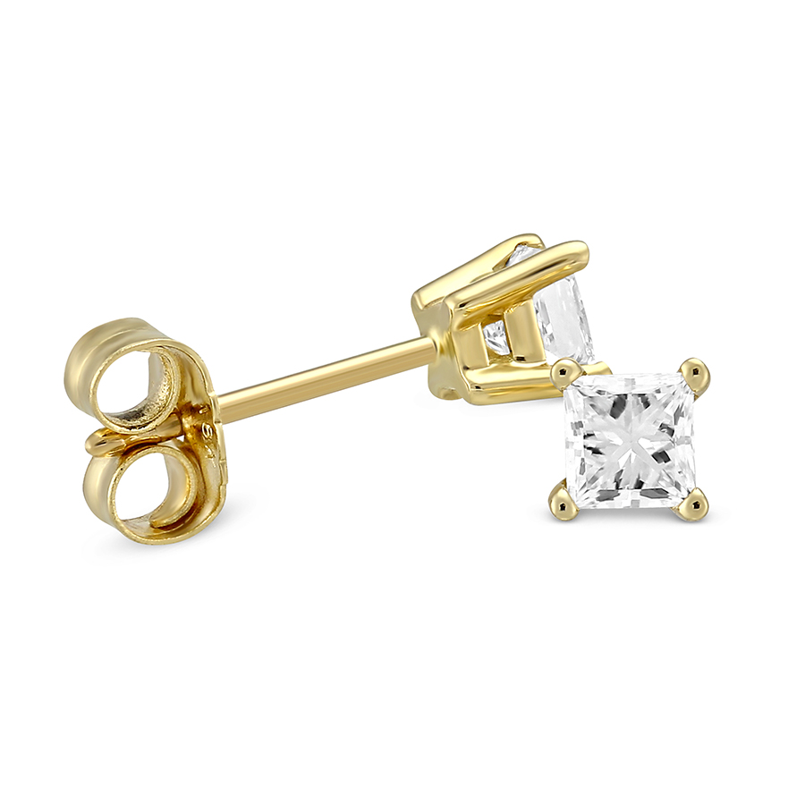Princess Diamond Stud Earrings in Yellow Gold, 0.40 cttw