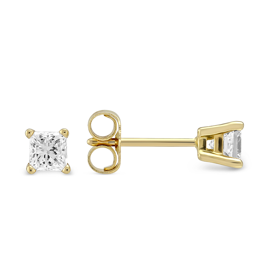 Princess Diamond Stud Earrings in Yellow Gold, 0.50 cttw
