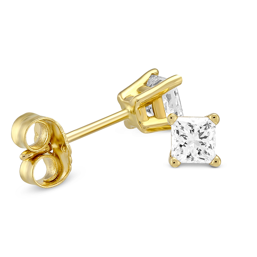 Princess Diamond Stud Earrings in Yellow Gold, 0.50 cttw