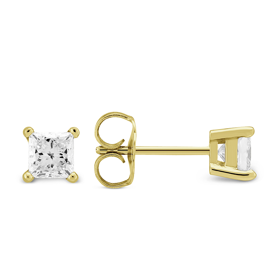 Princess Diamond Stud Earrings in Yellow Gold, 0.65 cttw