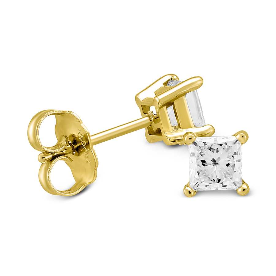 Princess Diamond Stud Earrings in Yellow Gold, 0.65 cttw