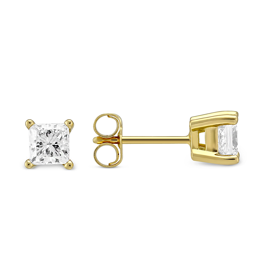 Princess Diamond Stud Earrings in Yellow Gold, 0.75 cttw