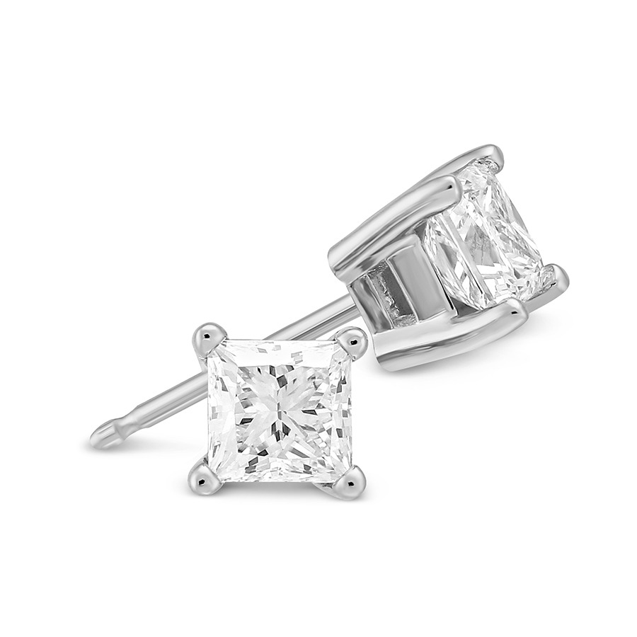 Princess Diamond Stud Earrings in White Gold, 0.75 cttw