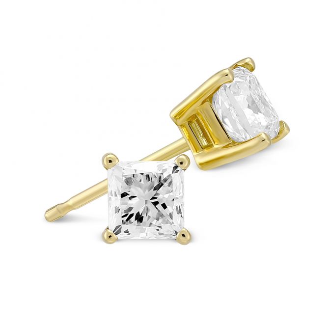 Princess Diamond Stud Earrings in Yellow Gold, 0.85 cttw