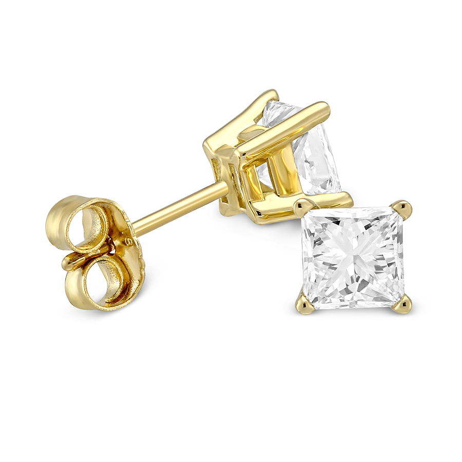 Princess Diamond Stud Earrings in Yellow Gold, 1.25 cttw