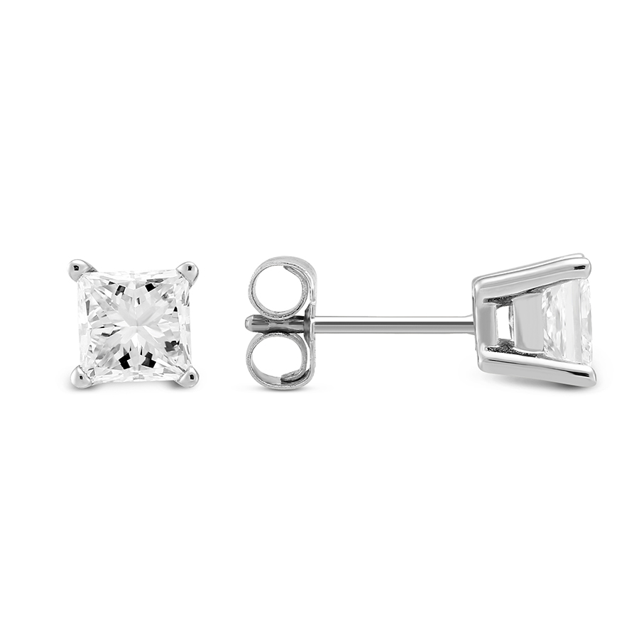 18K White Gold Princess Diamond Stud Earrings, 1.25cttw