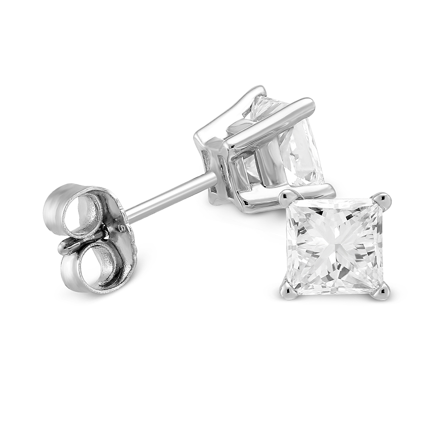 18K White Gold Princess Diamond Stud Earrings, 1.25cttw