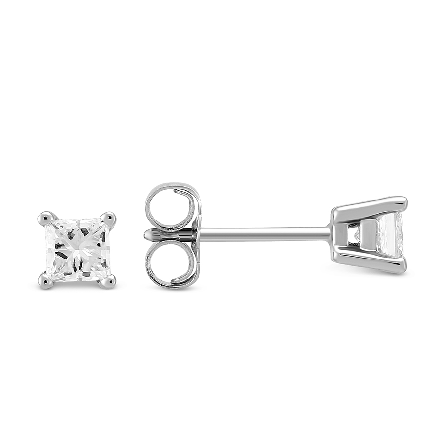 Princess Diamond Stud Earrings in 18K White Gold, IJ/I1, .45 cttw