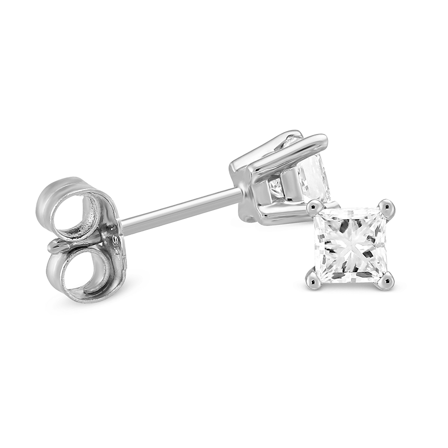 Princess Diamond Stud Earrings in 18K White Gold, IJ/I1, .45 cttw