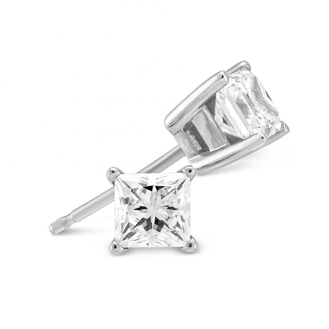 Princess Diamond Stud Earrings in 18K White Gold, IJ/I1, .90 cttw