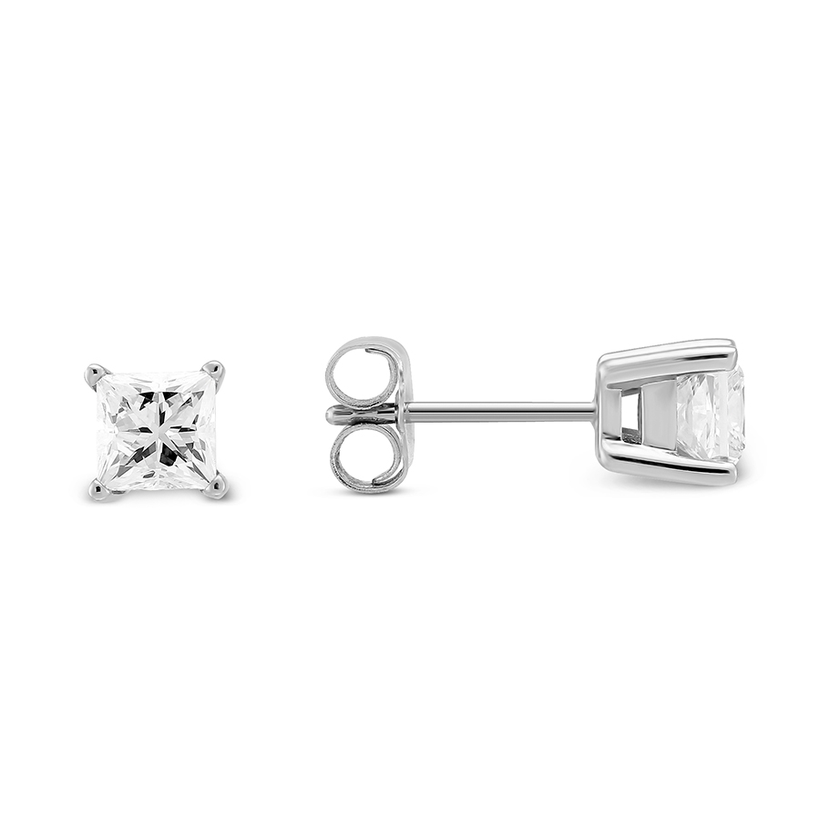 Princess Diamond Stud Earrings in 18K White Gold, IJ/I1, .90 cttw