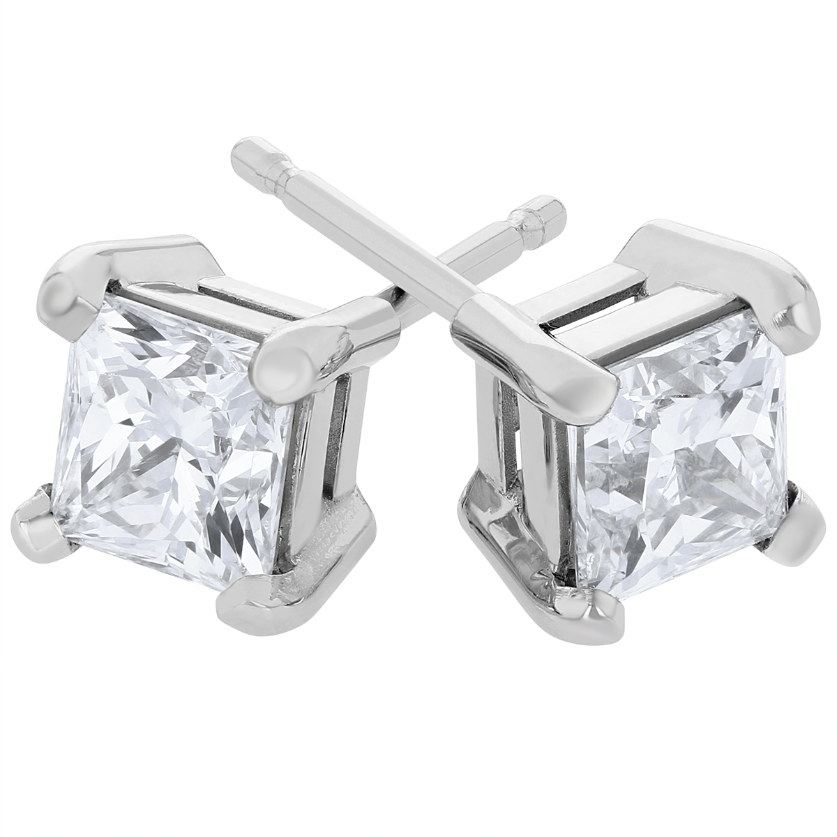 Princess Cut Diamond Stud Earrings in White Gold, .95 approx cttw