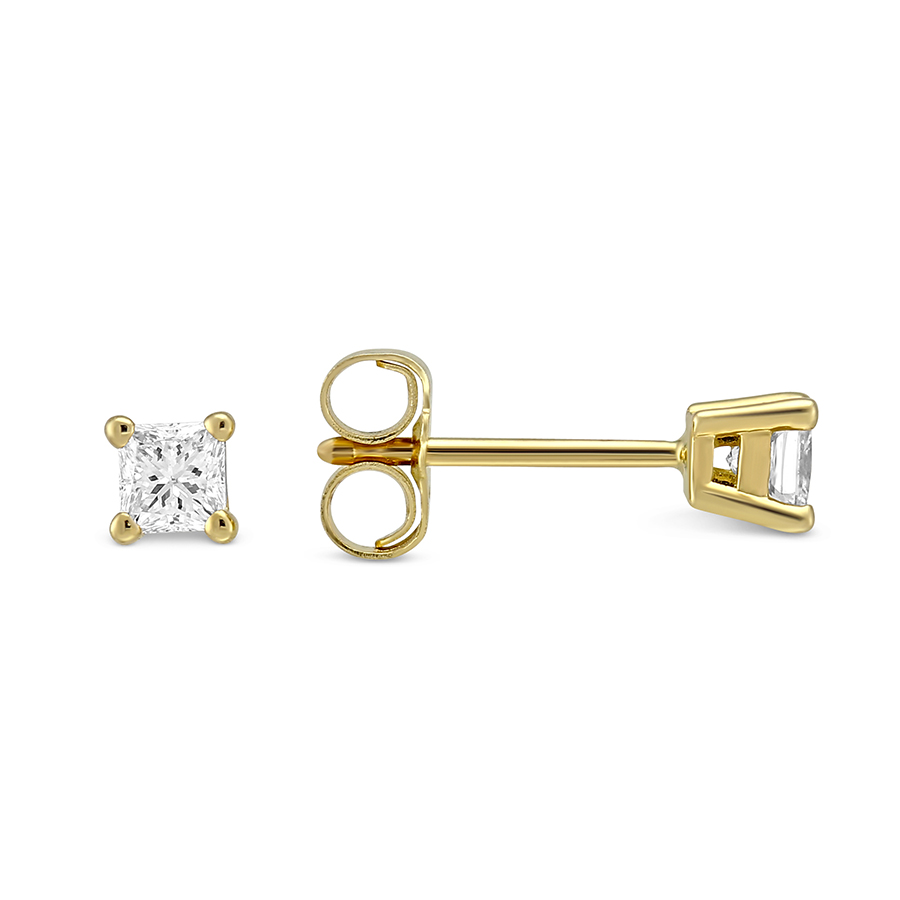 Princess Diamond Stud Earrings in Yellow Gold, 0.25 cttw