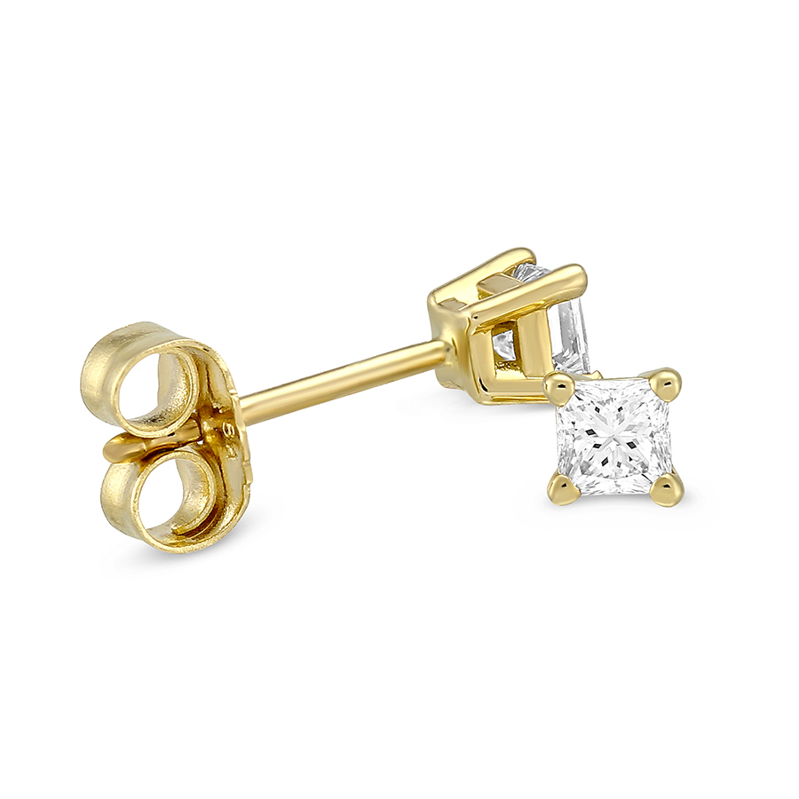 Princess Diamond Stud Earrings in Yellow Gold, 0.25 cttw