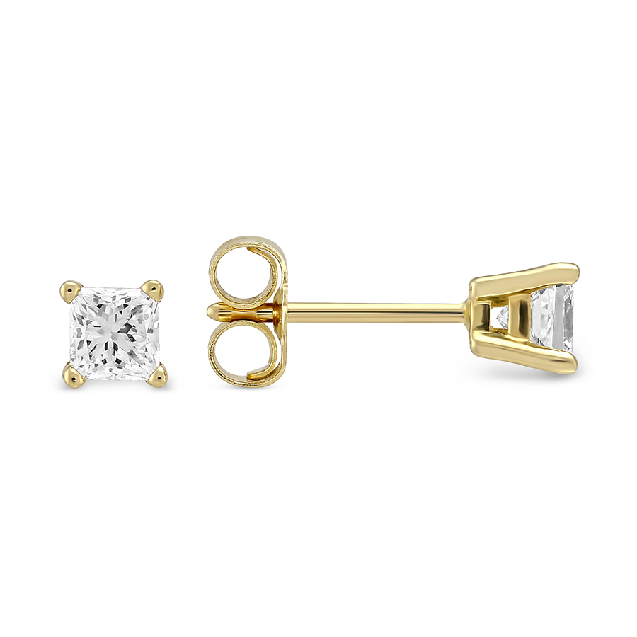 18K Yellow Gold Princess Diamond Stud Earrings, 0.50cttw