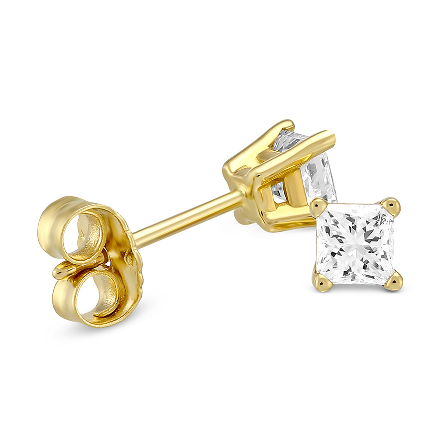 18K Yellow Gold Princess Diamond Stud Earrings, 0.50cttw