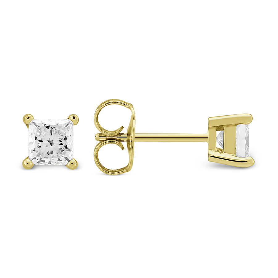 18K Yellow Gold Princess Diamond Stud Earrings, 0.65cttw