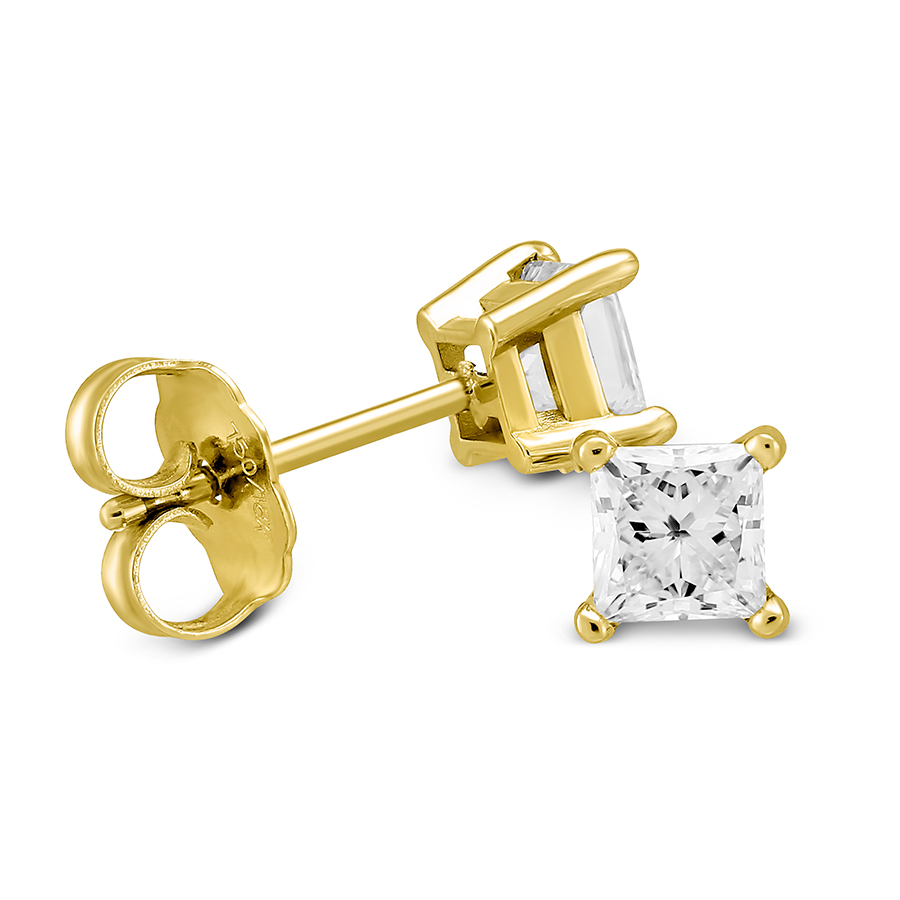 18K Yellow Gold Princess Diamond Stud Earrings, 0.65cttw