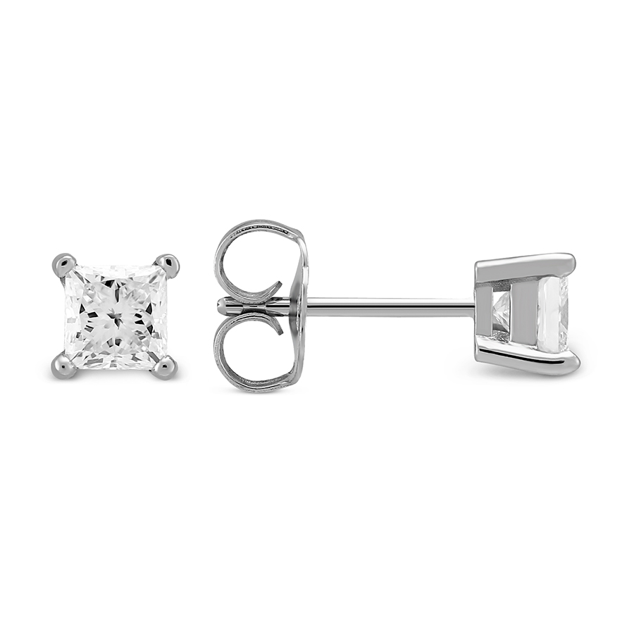 Princess Diamond Stud Earrings in White Gold, 0.65 cttw