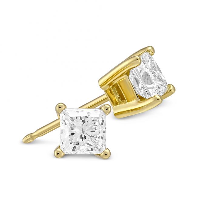 Princess Diamond Stud Earrings in Yellow Gold, 0.75 cttw