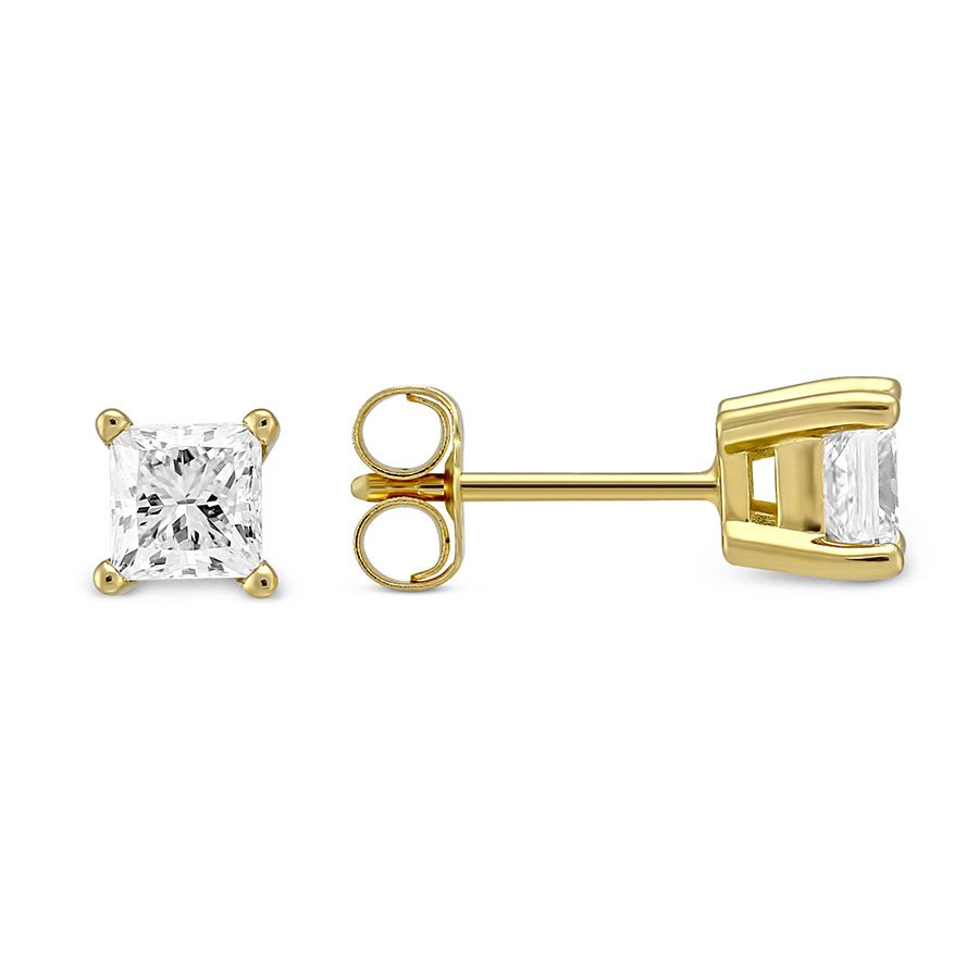 Princess Diamond Stud Earrings in Yellow Gold, 0.75 cttw