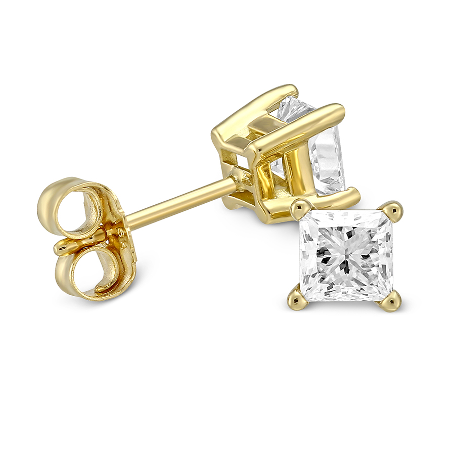 Princess Diamond Stud Earrings in Yellow Gold, 0.75 cttw