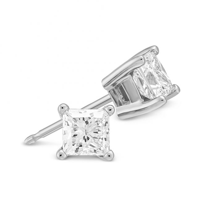 Princess Diamond Stud Earrings in White Gold, 0.75 cttw