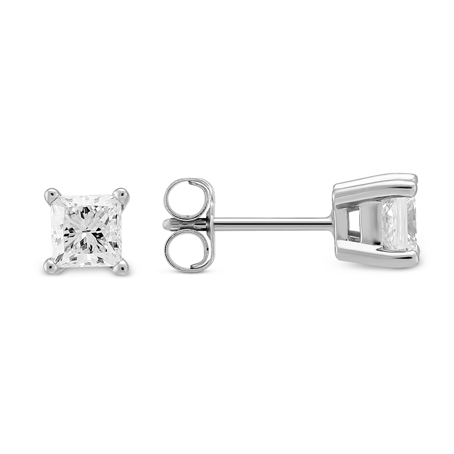 Princess Diamond Stud Earrings in White Gold, 0.75 cttw
