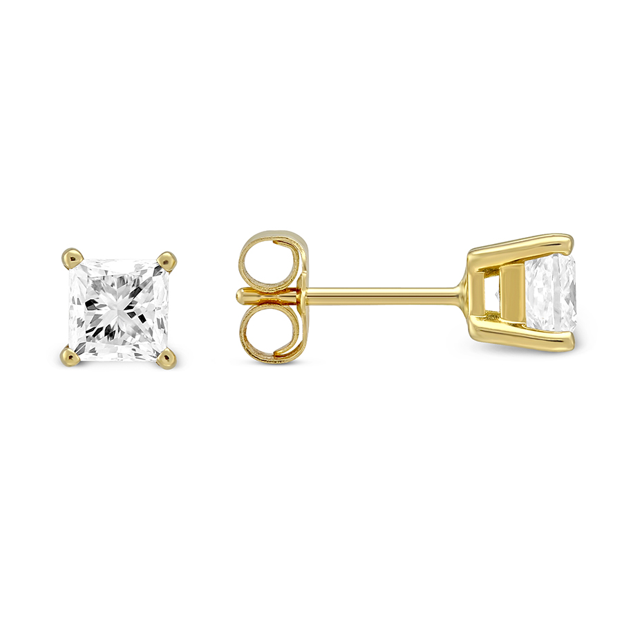 Princess Diamond Stud Earrings in Yellow Gold, 0.85 cttw