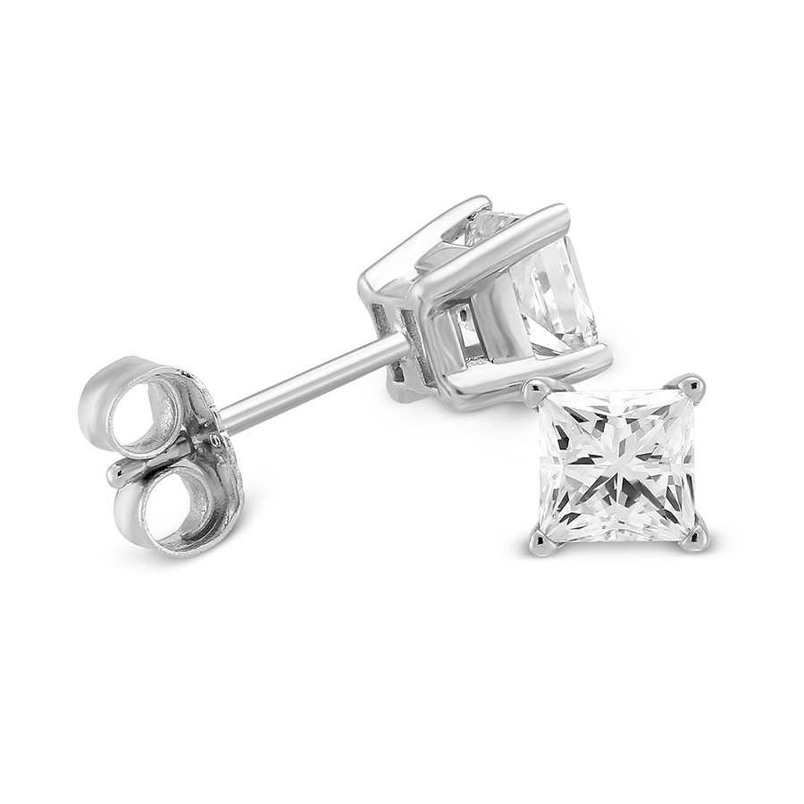 Princess Diamond Stud Earrings in White Gold, 0.85 cttw