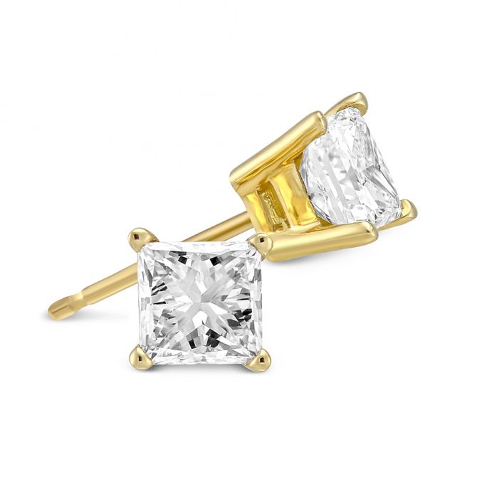 18K Yellow Gold Princess Diamond Stud Earrings, 1.25cttw