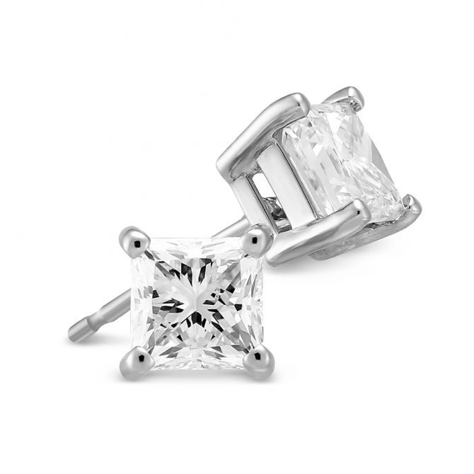 18K White Gold Princess Diamond Stud Earrings, 1.50cttw