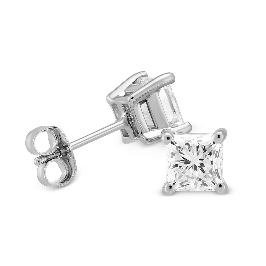 18K White Gold Princess Diamond Stud Earrings, 1.50cttw