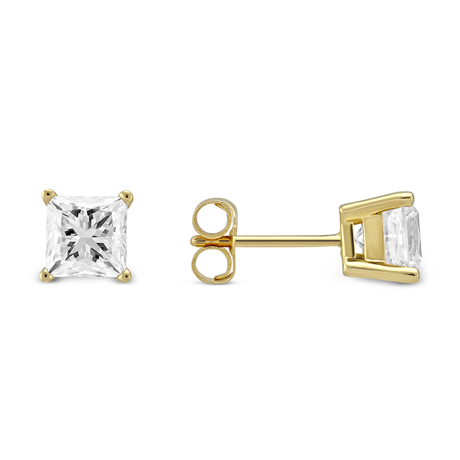 Princess Diamond Stud Earrings in Yellow Gold, 1.75 cttw