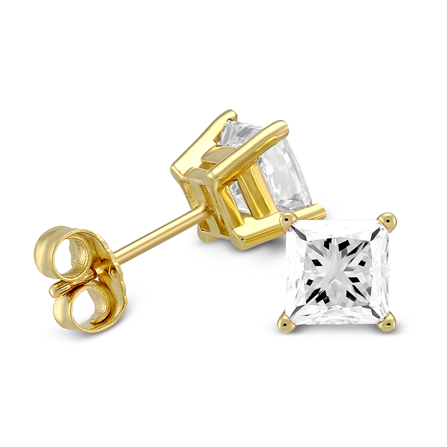 Princess Diamond Stud Earrings in Yellow Gold, 1.75 cttw