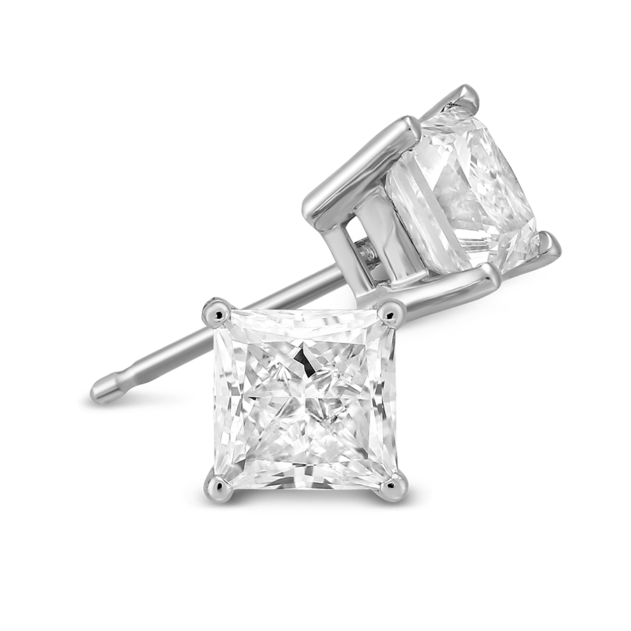 18K White Gold Princess Diamond Stud Earrings, 2.00cttw
