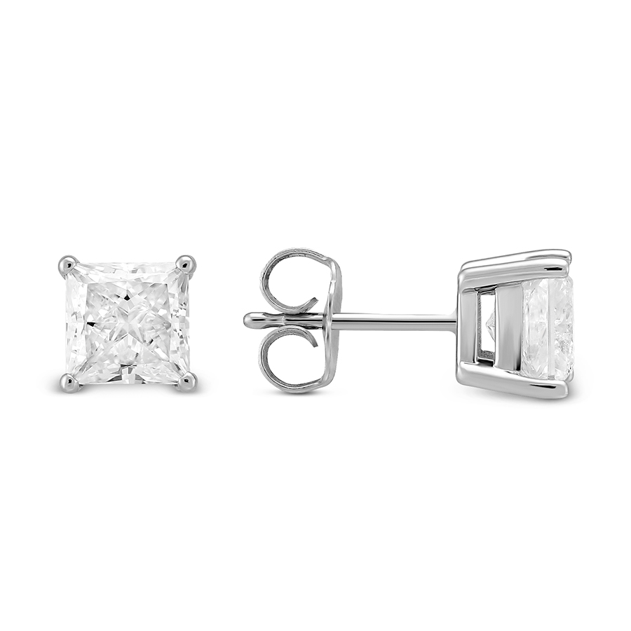 18K White Gold Princess Diamond Stud Earrings, 2.00cttw