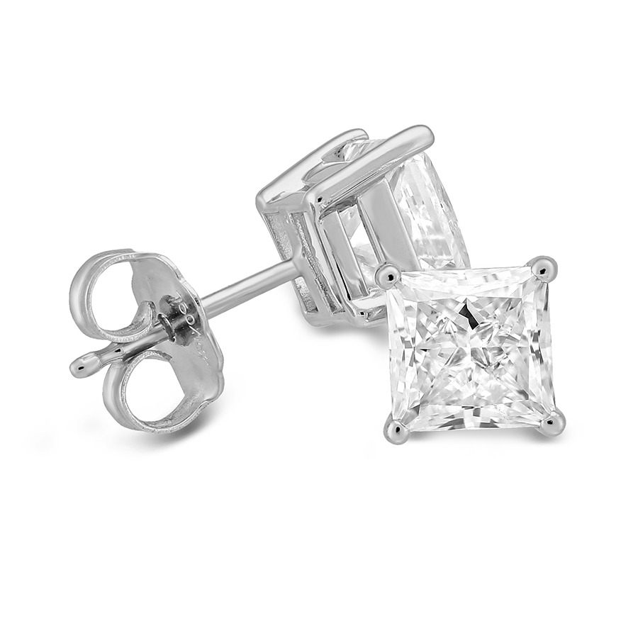 18K White Gold Princess Diamond Stud Earrings, 2.00cttw