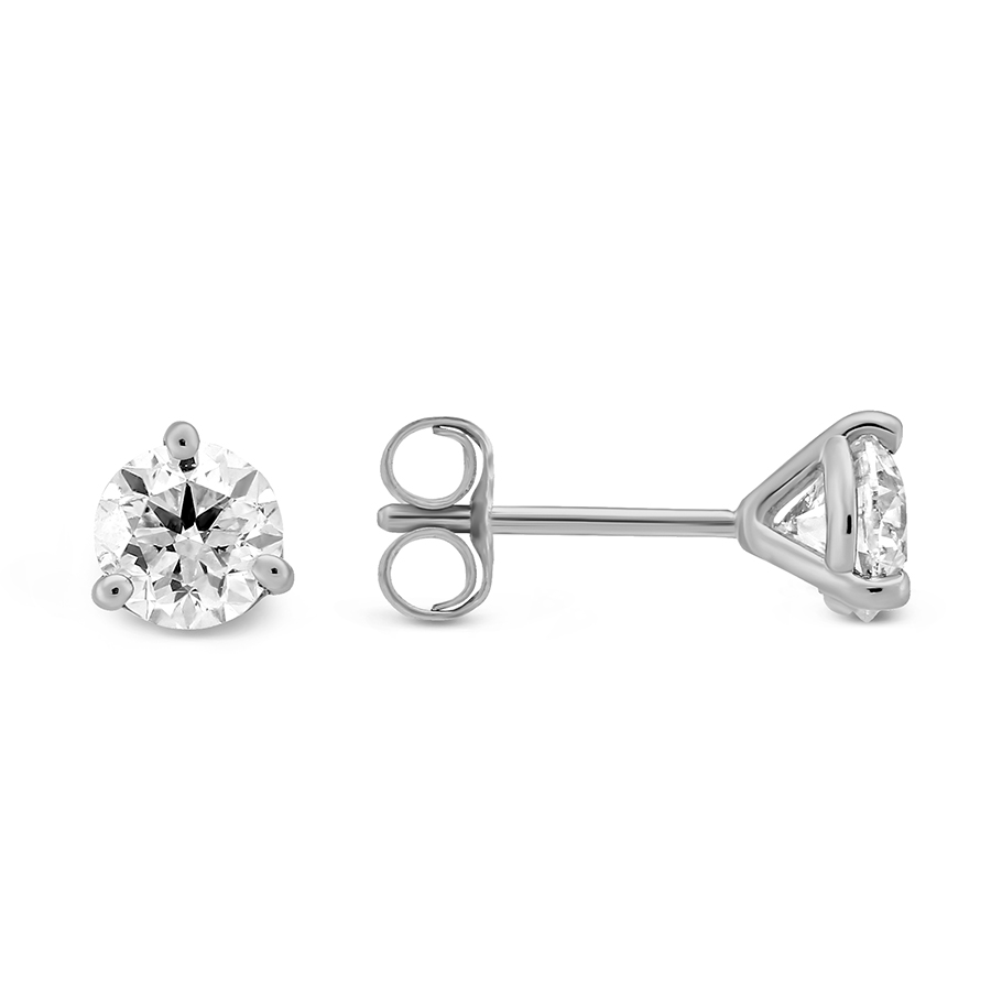 Round Diamond Stud Earrings in 18K White Gold, LM/I1, 1.05 cttw