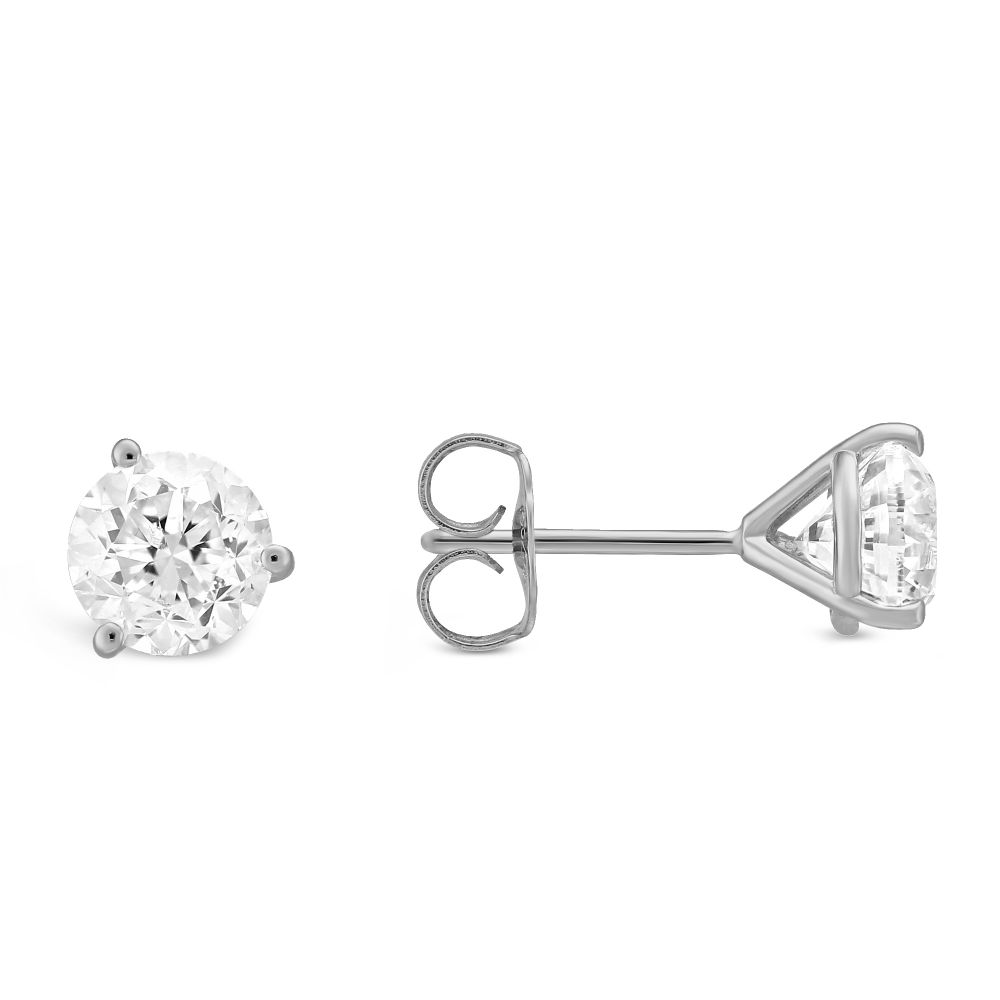 Round Diamond Stud Earrings in 18K White Gold, LM/I1, 1.90 cttw