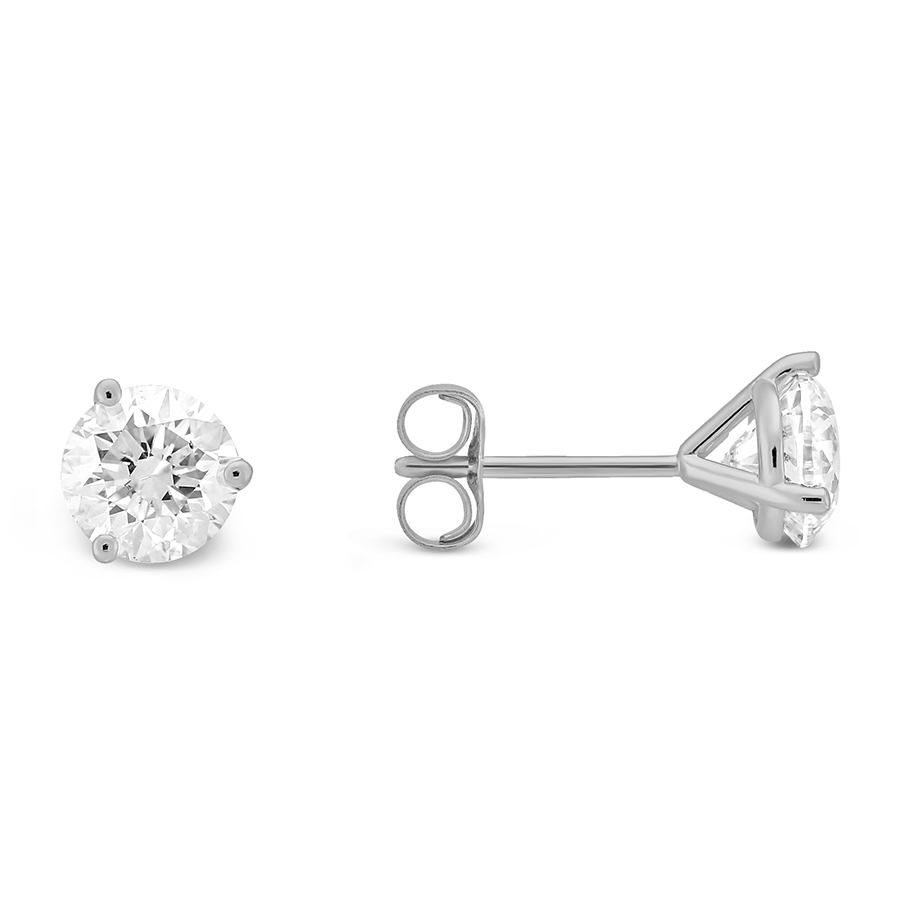 Round Diamond Stud Earrings in 18K White Gold, GH/I1, 1.55 cttw
