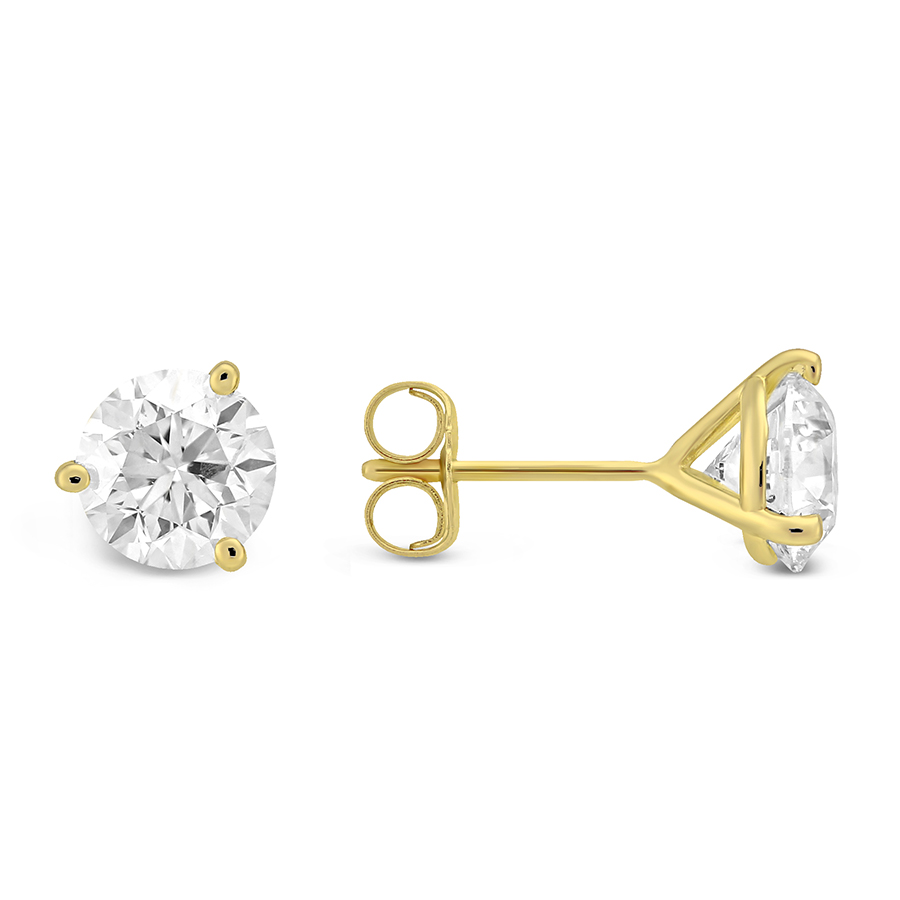 Round Diamond Stud Earrings in 18K Yellow Gold, LM/I1, 1.77 cttw