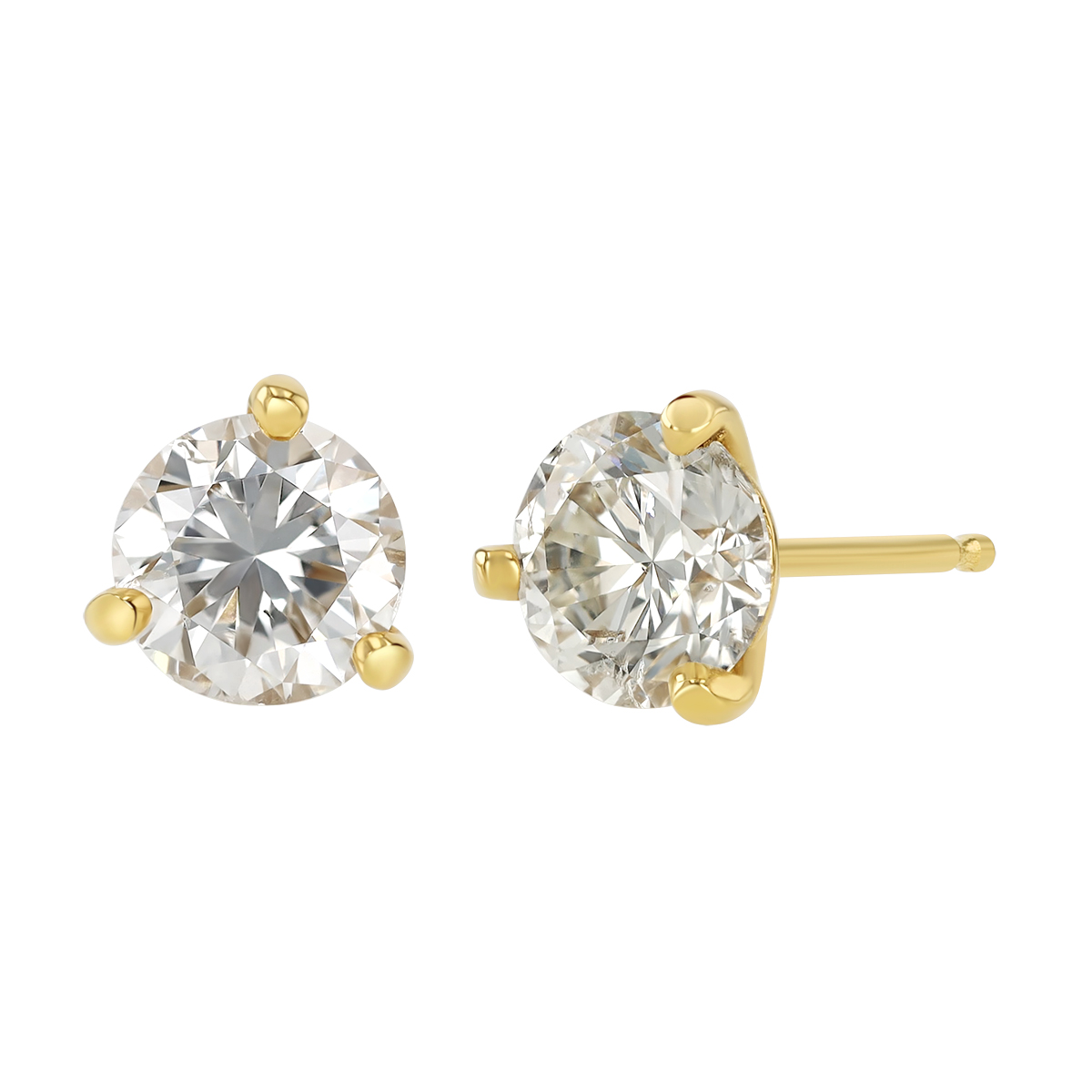 Round Diamond Stud Earrings in Yellow Gold, R-KL/I1, 1.36 cttw