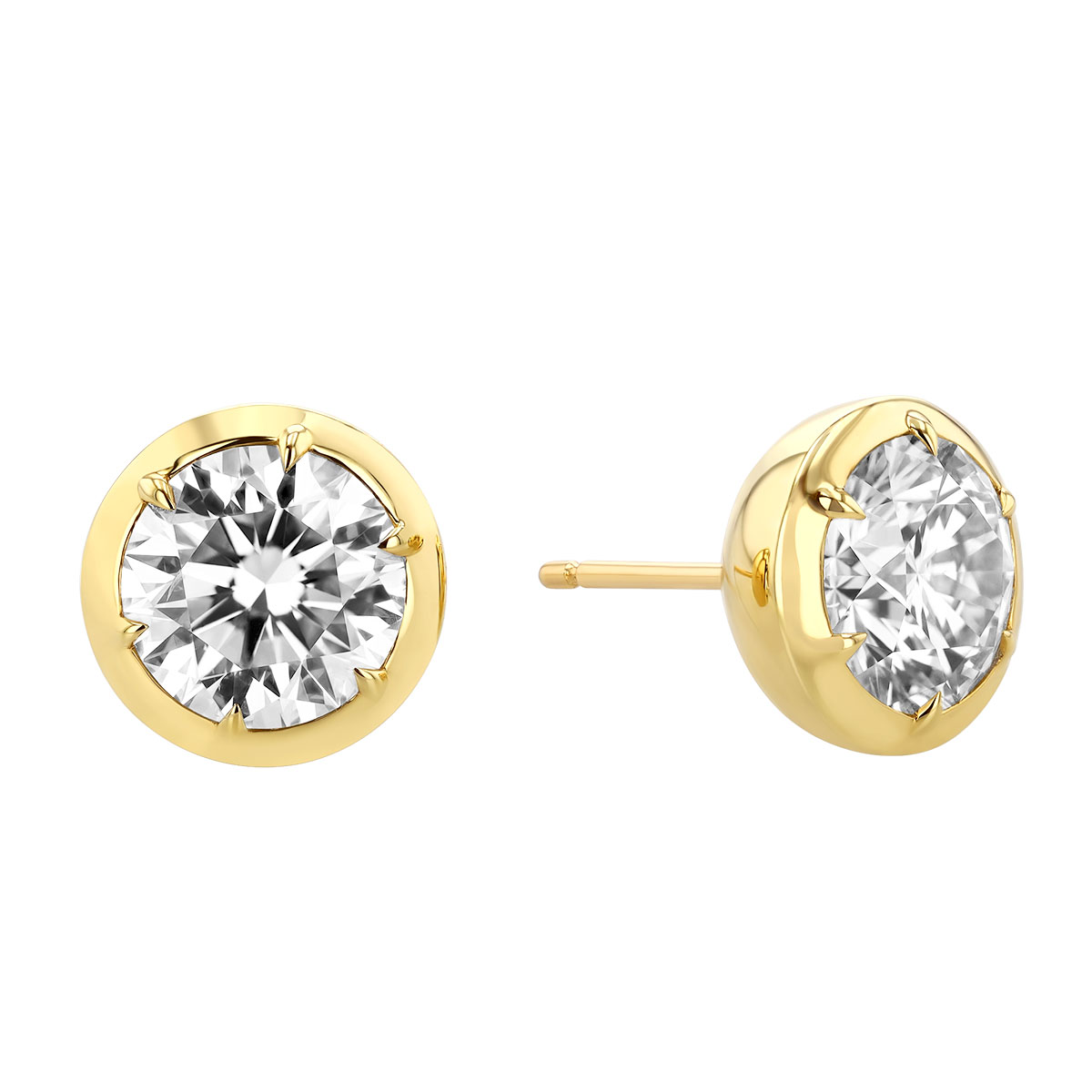 Rahaminov Round Diamond Stud Earrings in Yellow Gold, I/SI, 4.03 cttw