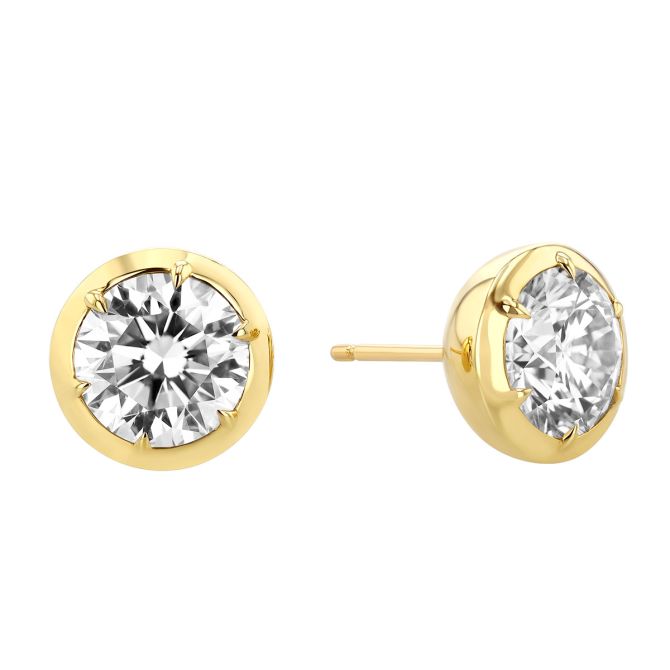 Rahaminov Round Diamond Stud Earrings in Yellow Gold, I/SI, 4.03 cttw