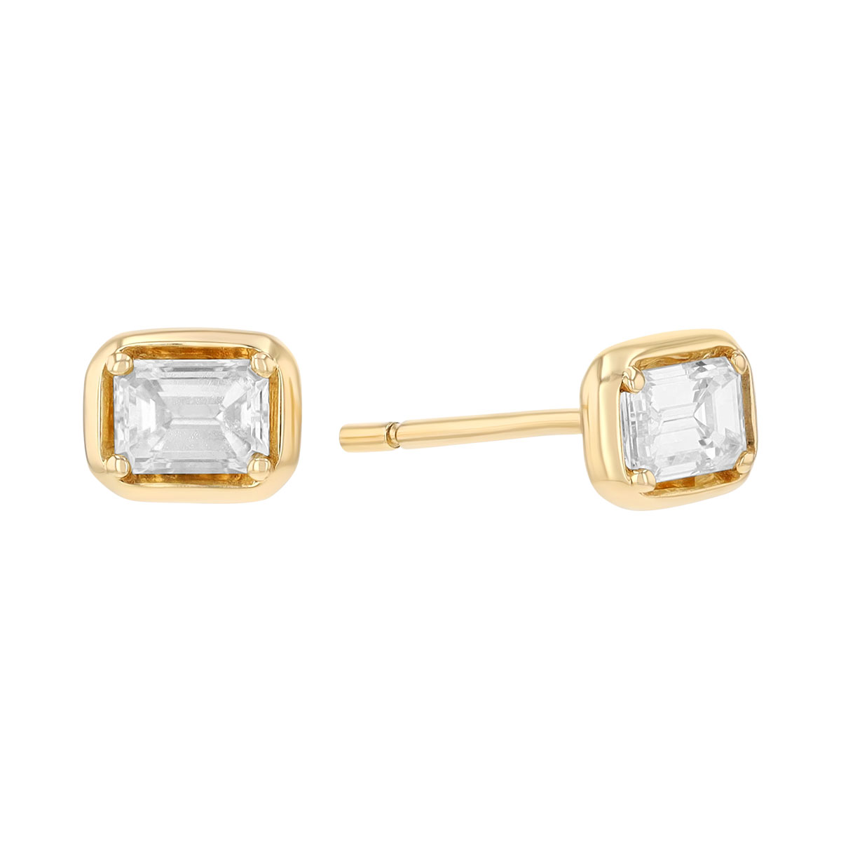 Emerald Cut Diamond Stud Earrings in Yellow Gold, 0.49 cttw